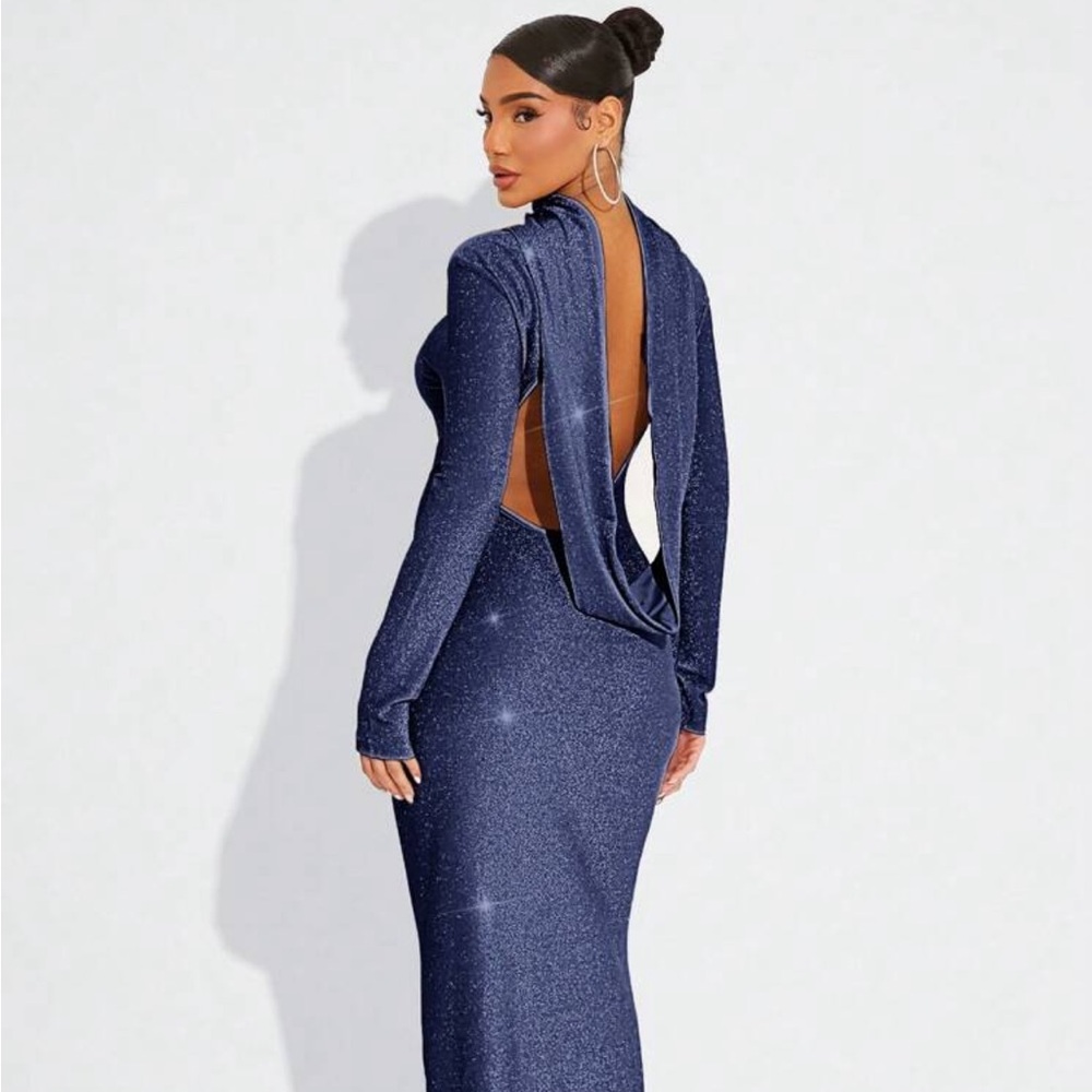 NWT Metallic Sparkle Backless Fitted Navy Blue Bodycon Dress Women’s Size Large